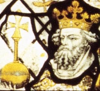 Detail of A 15ThCentury Stained Glass Window Image of Saint Edgar The Peaceful All Souls College Chapel Oxford England