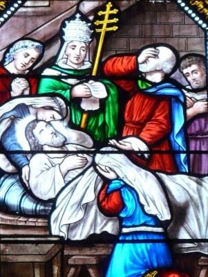 Detail of A Stained Glass Window Depicting The Discovery of The Death of Saint Alexius of Rome Date Unknown Artist Unknown Church of Saint Sulpice Bugue Dordogne France Photographed On 15 September 2012 By Father Igor