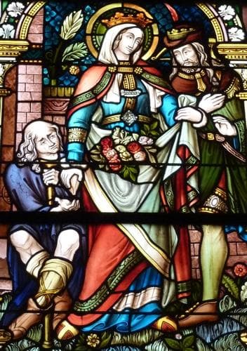 Detail of A Stained Glass Window of Saint Elizabeth of Hungary Giving Alms During The Miracle of The Roses Late 19Th Century By Glasmalerei Oidtmann Choir of The Church of Saint Martin Wormersdort Germany Photographed On 6 October 2010 By Reinhardhauke