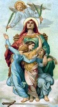 Detail From An Antique Holy Card of Saint Sophia With Her Daughters Saint Faith Saint Hope And Saint Agape Artist Unknown