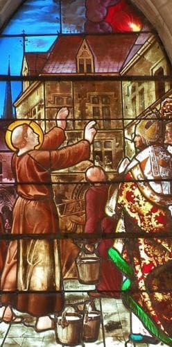 Detail of A Stained Glass Window of Saint Leobinus of Chartres Saving Paris By Extinguishing A Fire By Prayer Date And Artist Unknown Church of Saint Leobin Goincourt Oise France Photographed On 19 September 2009 By Chatsam